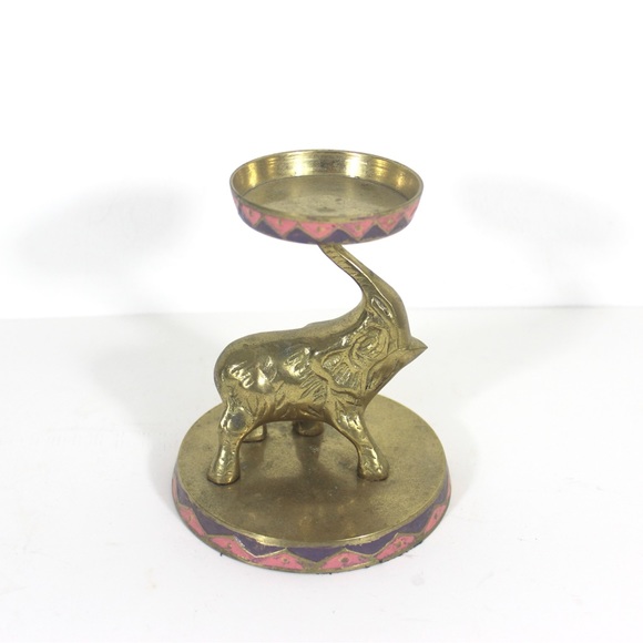 Vintage Brass and Enamel Elephant Candleholder Pillar or Tealight Pink Purple - Picture 4 of 7